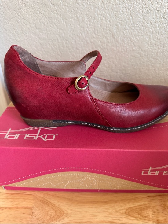 Dansko Shoes - Dansko Red Leather Mary Jane Wedge with Gold Buckle